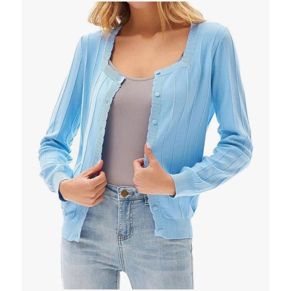 Grace Karin | Square Neck Button Front Knit Cardigan in Light Blue Size Small